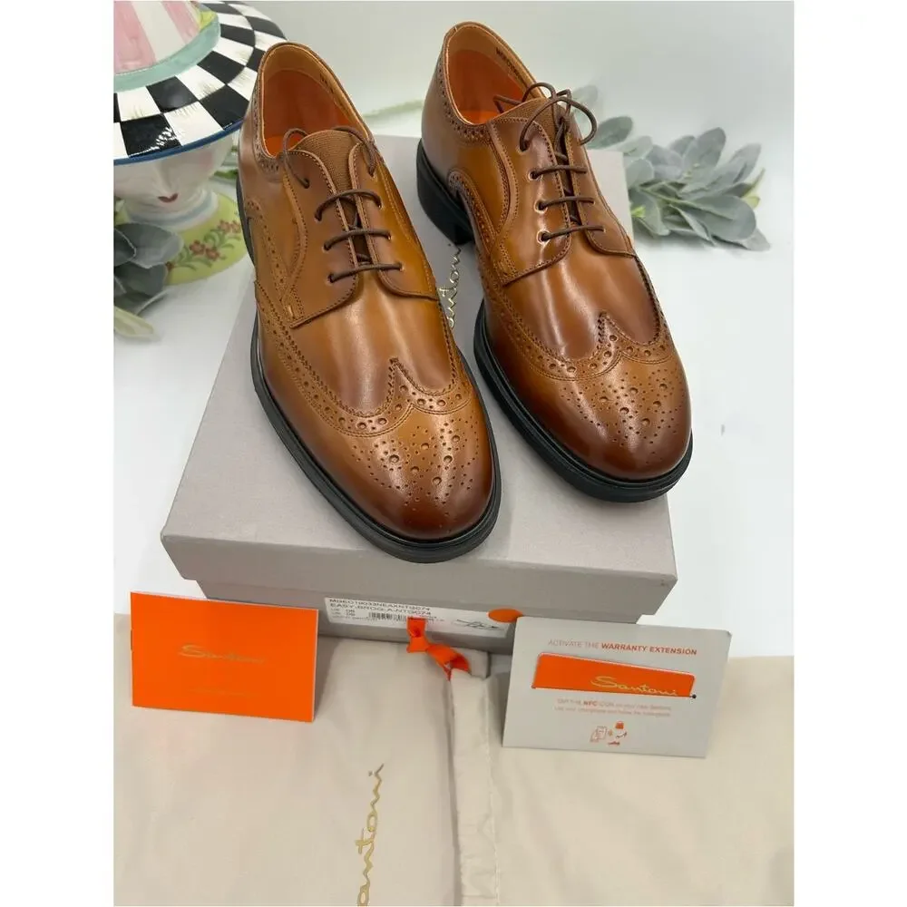 Men's Santoni easy wing tip brown burnished leather size 9 US made in Italy